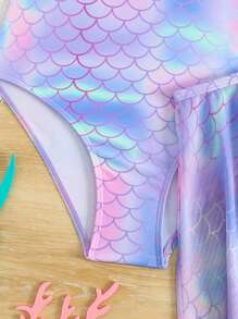 SHEIN Tween Girl Fish Scale Print One-Piece Swimsuit With Mesh Skirt - Multicolor - View 3