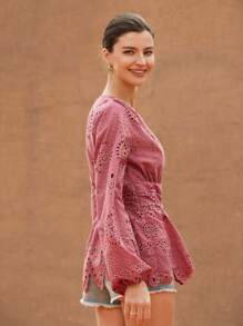 BELROSIE Camisa de estilo bohemio y de moda con cuello en V de unicolor, mangas con volantes bordados, cintura recogida para primavera y otoño - Rosa vieja - Ver 2