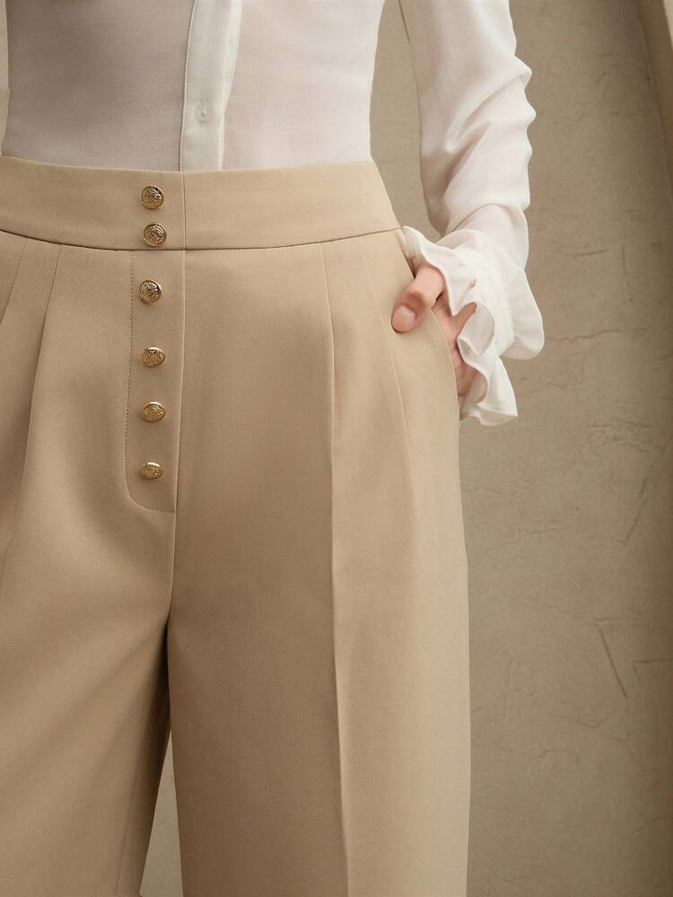 High-Waisted Wide Leg Dress Pants With Button Decor, Elegant Business Casual Style For Professional Women, Chic Old Money Vibe