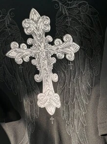 青少年男孩宽松圆领短袖十字翅膀图案休闲 T 恤 - 黑色 - 查看 3