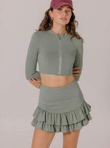 Aralina Minimalist Solid Color Front Zipper Fitted Cropped Athletic Jacket - Olive Green - View 8