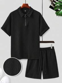 Manfinity Homme Men's Solid Color Short Sleeve Zipper Polo Shirt And Shorts Casual Suit