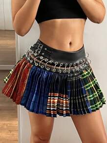 SHEIN ICON 美国复古街头风格低腰 PU 腰带格子迷你裙 - 彩色 - 查看 6