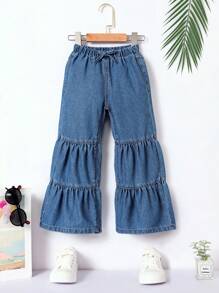 SHEIN Quần Jeans Ống Loe Viền Xếp Nếp Phía Trước Cho Bé Gái Quần Jeans Ống Rộng Cho Bé Gái Quần Jeans Ống Rộng Cho Bé Gái Quần Jeans Ống Rộng Cho Bé Gái - Rửa trung bình - Xem 5