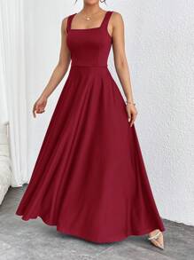SHEIN Privé Solid Color Square Neck Waisted Ruffle Hem Dress, Minimalist & Fashionable, Suitable For Summer - Burgundy - View 3