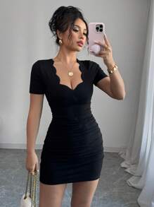 女士优雅性感荷叶边领口褶皱迷你连衣裙，夏季 - 黑色 - 查看 3