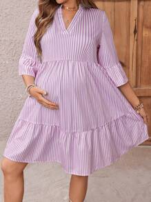 SHEIN Women Striped 3/4 Sleeve Notched Neck Shirt Dress Maternity Dress - Purple - View 3