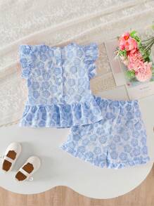Set de 2 piezas compuesto por blusa jacquard de cuello cuadrado y manga corta elegante para niña joven, y shorts jacquard de cintura elástica y pierna recta