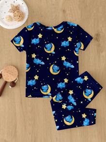 SHEIN Baby Boy Casual Cute Elephant & Moon Pattern Slim Fit Round Neck Comfy Short Sleeve Pants Set, Snug Fit For Spring/Summer - Multicolor - View 3