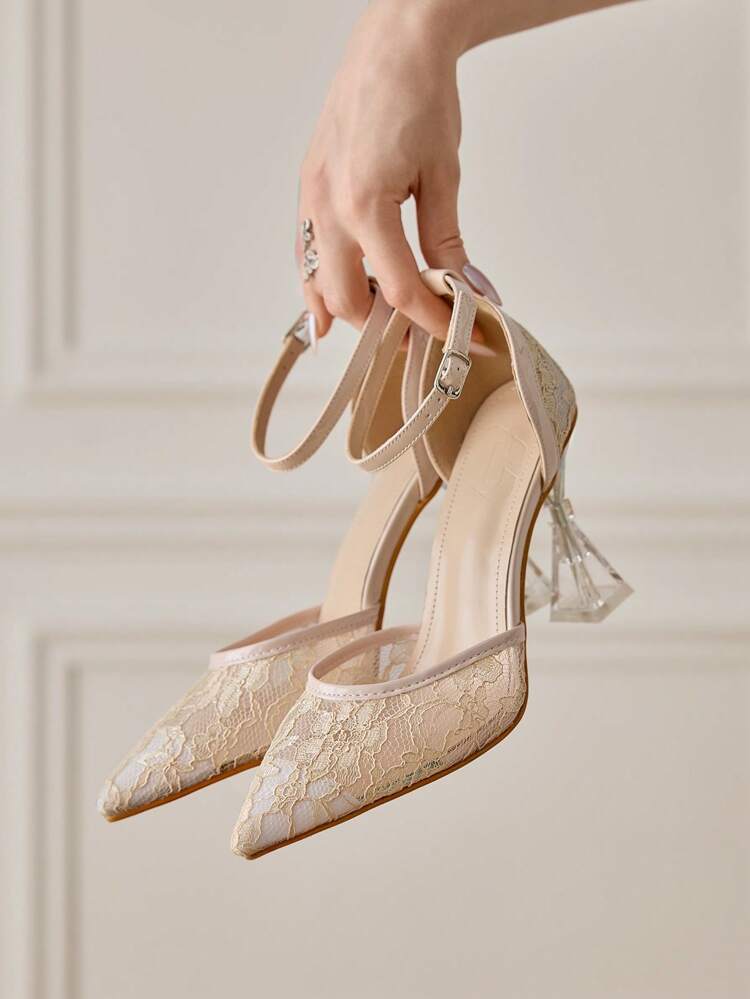 CUCCOO HITCHD Sapatos de Salto Transparente de Bico para Mulheres, Design de Renda e Tela, Estilo Elegante, Romântico e Gracioso, Bombas de Salto Alto Vazadas de Tela de Renda Champanhe, Adequado para Casamento, Festa, Ocasião Formal