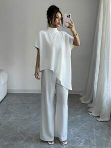 Elenzga 2 chiếc/bộ áo cánh và quần dài cổ đứng không đối xứng cho nữ - trắng - Xem 6