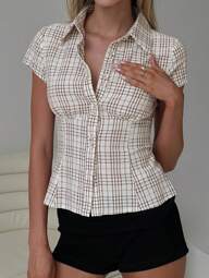INAWLY Classic Plaid Pleated Button-Up Short Sleeve Fitted Women Blouse