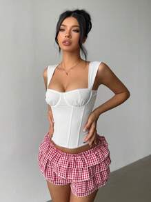 Aloruh Women's Red And White Gingham Mini Shorts: Casual Woven Fabric Tiered Layer Shorts For Summer - Red and White - View 5
