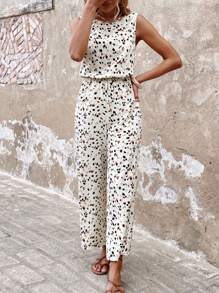SHEIN LUNE 女士优雅度假豹纹露背无袖连体裤，抽绳腰带，休闲款 - 彩色 - 查看 4