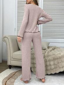 Soft Textured Knit Colorblock Ruffle Trim Bow Decor Women Pajama Set , Fall Winter Clothes