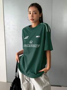 DAZY Áo thun tay ngắn dáng rộng mùa hè in chữ cỡ lớn, áo thun họa tiết - Màu xanh lá cây đậm - Xem 3