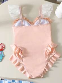 带公主风格蝴蝶结肩带的 Tween 女童连体泳衣 - 米色 - 查看 3