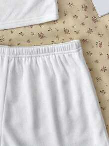 SHEIN Conjunto cómodo para adolescentes, con camiseta de tirantes, chaqueta de punto con estampado de corazón, short de cintura baja, uso casual, ropa de estar en casa, reuniones, vuelta al colegio - Blanco - Ver 5