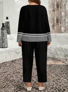 EMERY ROSE 2 sztuki/zestaw Plus Size Casual Minimalistyczny Zestaw z geometrycznym nadrukiem, odpowiedni na wiosnę i jesień - Wielokolorowe - Zobacz 2