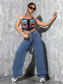 SHEIN PETITE Jeans rectos de ajuste relajado lavados de manera informal