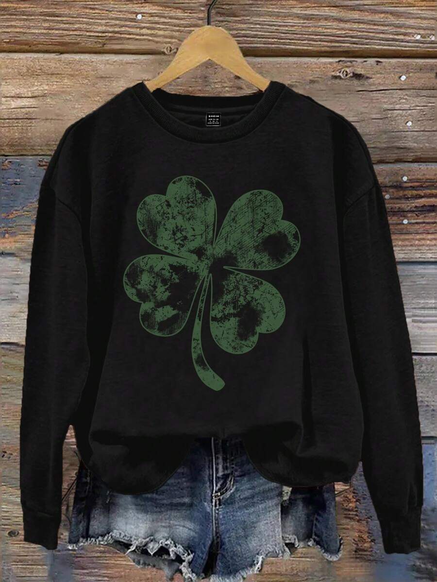 EMERY ROSE 休闲简约图案印花圆领长袖宽松女式运动衫，适合春秋季节