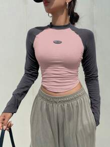 DAZY Women's Colorblock Letter Applique Long Sleeve T-Shirt, Spring & Summer - Pink - View 4