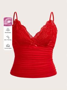 SHEIN ICON Plus Size Sexy & Elegant Solid Color Lace Patchwork Ruched Slim Cami Top, For Summer - Red - View 5