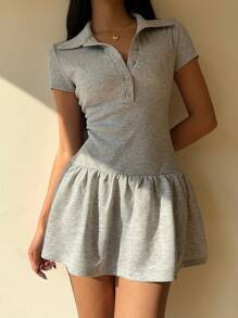 SHEIN EZwear Ruffle Hem Button Front Short Sleeve Solid Color Casual Dress - Grey - View 8