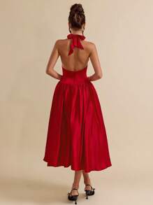 SHEIN BAE 节日优雅法式连衣裙红色连衣裙情人节约会装芭蕾舞裙甜美吊带裙情人节服装女士夏季服装//春季服装//情人节服装//海滩度假服装 - 酒紅色 - 查看 2