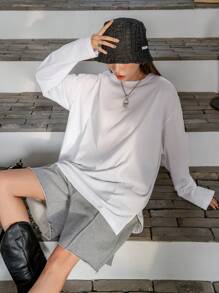 DAZY Split Hem Drop Shoulder Tee,Fall Clothes Long Sleeve Women Tops - White - View 5