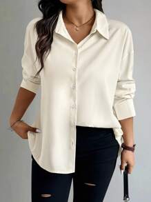 SHEIN Plus Size Casual Commuting Solid Color Back Pleat Shirt - Apricot - View 2