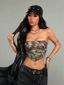 Coolane Top tubo asimétrico de uso diario de verano para salir, con estampado de ramas de árbol y camuflaje de bosque, de estilo grunge, para mujeres - Verde militar - Ver 6