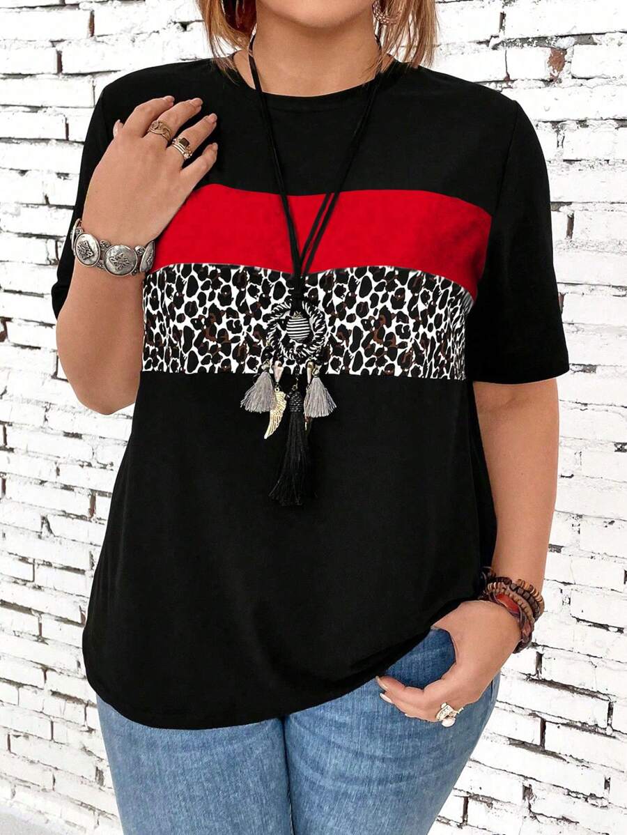 EMERY ROSE Plus Size Women's Leopard Print Splice Short Sleeve T-Shirt Graphic Cheetah Print Tees Women Tops - Multicolor - View 1
