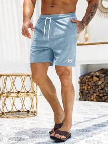 Manfinity Homme Pantalones cortos con cordón en la cintura, ajuste holgado, con detalles de letras aplicadas, para vacaciones en la playa, ropa para hombres
