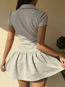 SHEIN EZwear Ruffle Hem Button Front Short Sleeve Solid Color Casual Dress - Grey - View 2