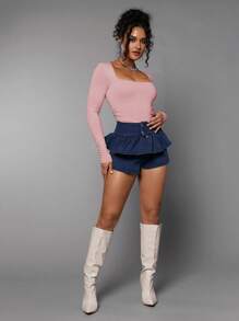 Silquee 女士方领长袖褶皱休闲紧身衣 - 藕粉色 - 查看 6