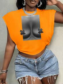 Slaydiva 休闲性感胸部图案圆领短袖宽松短款女式 T 恤，适合夏季 - 橘色 - 查看 1