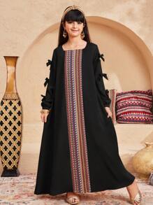 SHEIN Leap Crew Tween Girls' Loose Casual Square Neck Mixed Pattern Long Sleeve Dress - Black - View 4