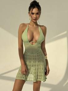 Aloruh 女士性感露背镂空迷你吊带针织连衣裙 - 綠色 - 查看 4