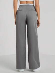 SHEIN Tall 低腰，拼色腰带，女士运动裤，阔腿裤，日常休闲风格 - 灰色 - 查看 2