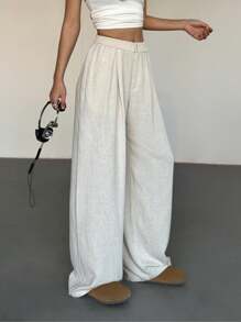 SHEIN EZwear Apricot Linen Women's Pleated Elastic Loose Casual Wide Leg Long Pants , Summer - Apricot - View 5