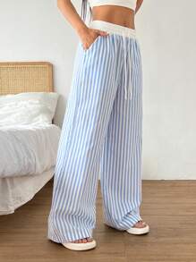 SHEIN EZwear Women's Drawstring Waist Striped Wide Leg Loose Casual Pants, Versatile
