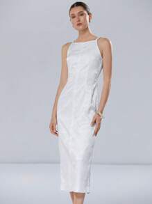 Aveloria Modichic White Feather Jacquard Textured Satin Fabric Women Elegant Romantic Minimalist Luxury Sleeveless Spaghetti Strap Dress, Suitable For Wedding Season