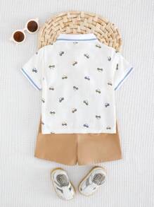 Cozy Pixies 2pcs Baby Boy Set: Cartoon Animal Print Lapel Short Sleeve Top And Elastic Waist Shorts