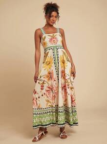 Travachic Vestido con tirantes espalda descubierta con estampado floral, adecuado para vacaciones, atuendos de verano para mujer, ropa de mujer para vacaciones tropicales, vestidos de verano para mujer