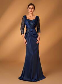 Serin Elegant And Gorgeous Navy Blue Lace Sequins Stitched Satin Sweetheart Neckline See-Through Three-Quarter Sleeves Gathered Twist Diamond Embellished Japanese Button Fishtail Hem Suitable For Prom Dinner Party Holiday Wedding Event Mother Of The Bride Dress Evening Dress