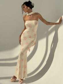 Aloruh Women's Floral Print Dress With Fishtail Hem, Elegant For Vacation Wedding Anniversary Bridesmaid Party Date Sexy  Wedding Guest Dress Women Bridal Shower Dress White  Elegant Modest Summer Summer Outfits Summer Clothes Beach Outfits For Woman  Beach Vacation Vacation Outfits Woman Boho  Tropical Vacation Woman Clothe Floral Tube Dress