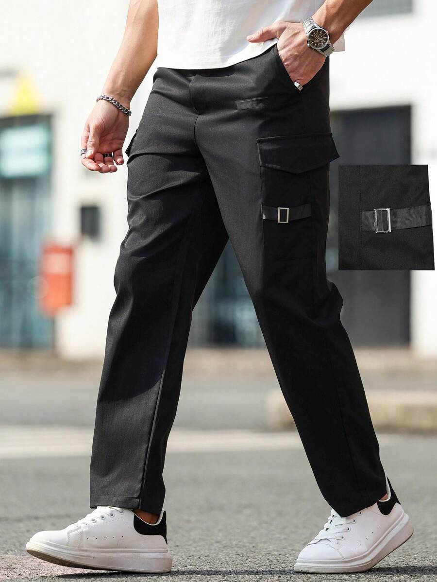 Manfinity Homme Pantalon casual minimaliste pour homme, couleur unie avec poche, pour un usage quotidien - Noir - Voir 1