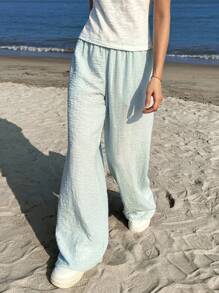 SHEIN EZwear Women's Solid Color Drawstring Waist Wide Leg Casual Pants, Spring , Summer , Beach For Women - Blue - View 3