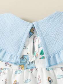 SHEIN Girls' Summer New Arrival Print Bow Solid Color Collar Back Opening Loose Casual Cute Blouse